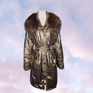 Alexandra Fur Collar Winter Belted Coat Brown Copper Double Zip Utility Parka M